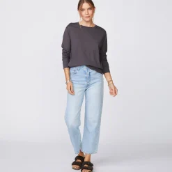 MONROW Long Sleeve Ex-Boyfriend Pocket Crew FADEDBLACK Discount